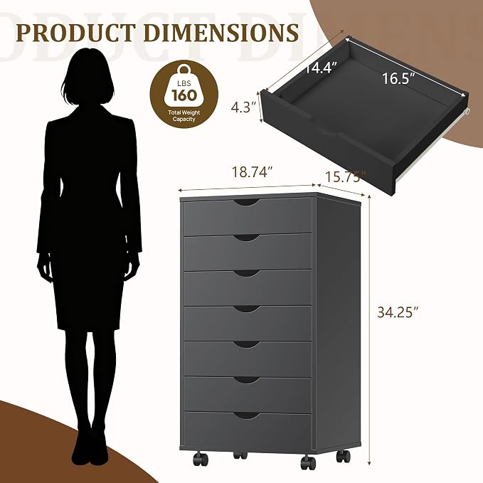7 Drawer Office Storage Cabinet, Rolling File Cabinet for Office, Black | Office Storage Cabinet with 7 Drawers, Rolling File Cabinet with Wheels for Home Office, Desk Storage and Printer Stand