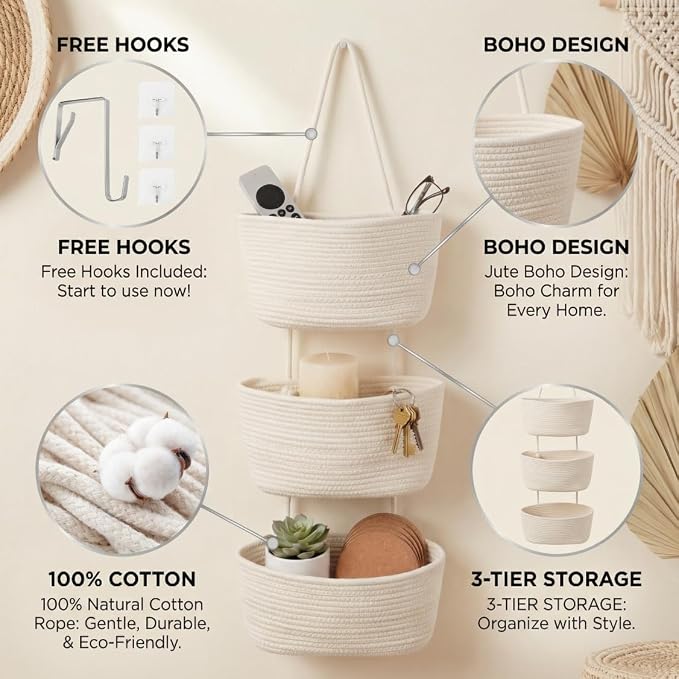 Over the Door Basket Organizer, 3 Tier Hanging Basket with Hooks | Woven Cotton Hanging Over Door Basket for Bedroom, Nursery, Bathroom, Apartment, White Hanging Storage Basket for Organizing