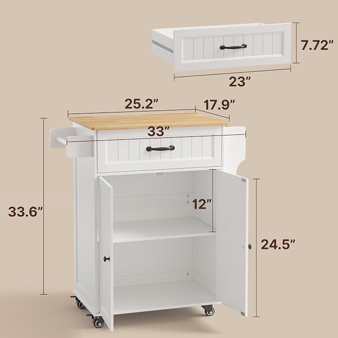 Gizoon Kitchen Island Cart with Adjustable Shelf | Drawer & Storage Cabinet, Spice Rack & Towel Rack, for Dining Room, Bar, White, Tabletop-oak color