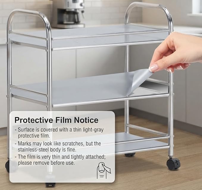 Heavy-Duty NSF 301 Stainless-Steel Rolling Cart – 3-Tier with White Protective Film & Locking Wheels | Commercial Wire Shelving for Kitchen
