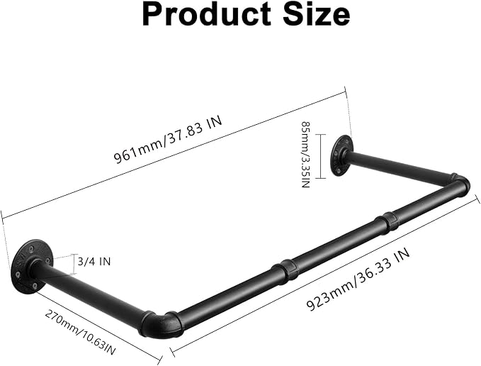 Industrial Iron Pipe Clothes Hanging Bar DIY Wall-Mounted Garment Rack Heavy Duty Clothing Rack for Bedroom, Laundry Room, Closet Storage (Black 36 inch)