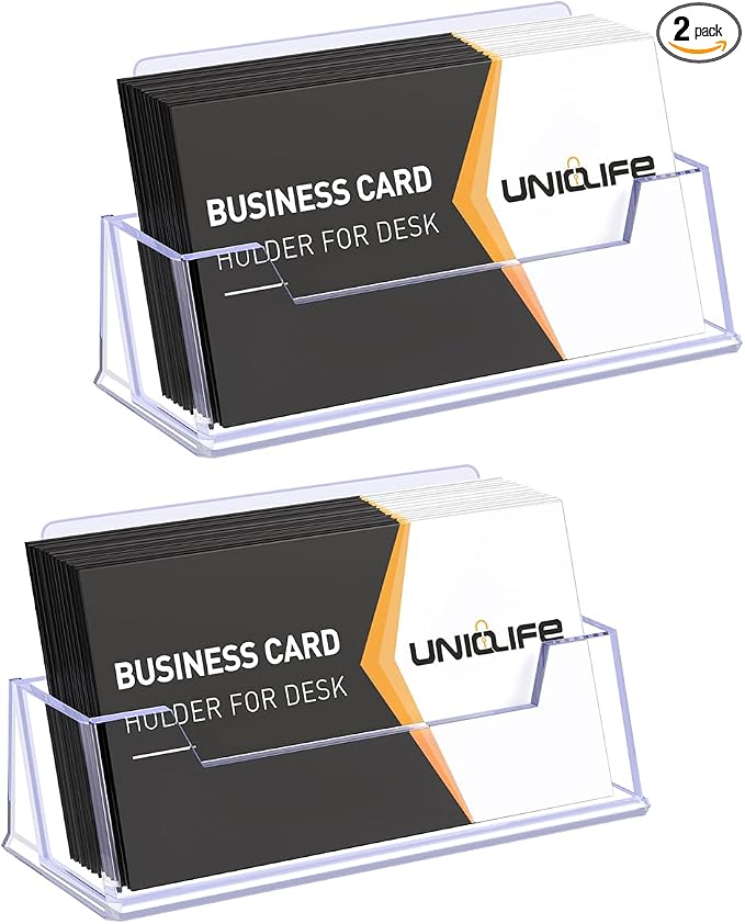 Uniclife 2 Pack Acrylic Business Card Holder for Desk 1 Slot Clear Business Card Display Stand for Men & Women Desktop Business Card Organizer Card Stand for Office Home Exhibition, 60 Card Capacity