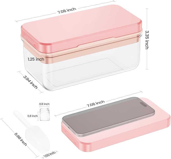 0.8“ Ice Cube Tray with Lid and Bin, PHINOX 28 Cubes Ice Trays for Freezer, Ice Cube Trays for Freezer with 1 tray, Container, Lid & Ice Scoop, BPA Free, Pink(28Cubes/Tier)