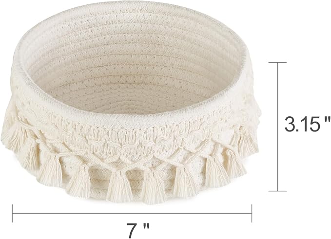 Mkono Macrame Makeup Brush Holder, Boho Mini Storage Basket Set of 2 Ivory | Small 7"W x 3.15"H, Decorative Basket, Comb Pens Tiny Succulents Holder, Bedroom Vanity Living Room Bathroom Dorm Office