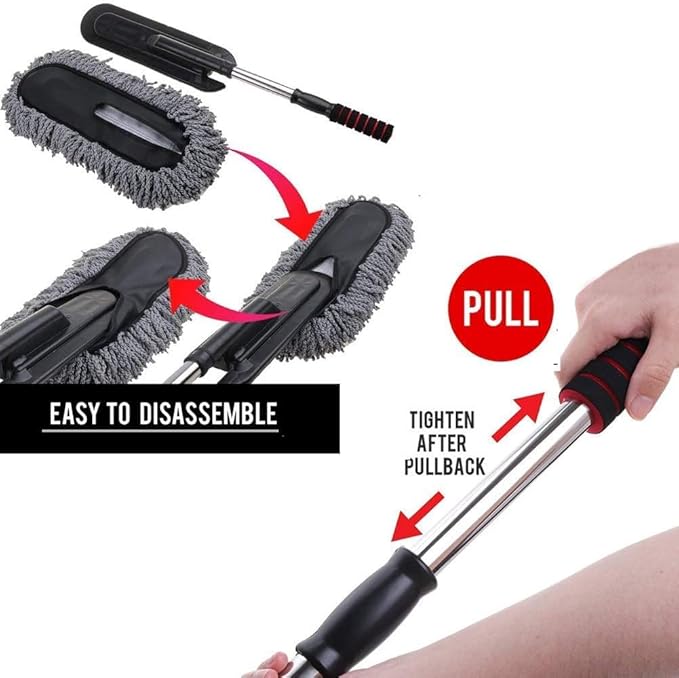 Microfiber Car Duster Exterior Interior Cleaner Cleaning Kit size 15.7 inch with Long Retractable Handle to Trap Dust and Pollen for Car Bike RV Boats or Home use - Grey