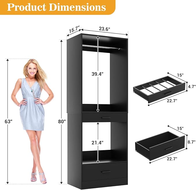 Homieasy Closet System Organizer with Hanging area, Pants Rack & Drawer – Expandable & Sturdy Modular Closet Storage Unit, Customizable Wardrobe Organizer for Bedroom or Walk-In Closet, Black