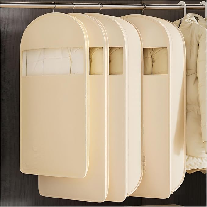 Hanging Garment Bag with Self Compression Zipper, Translucent Suit Bags Dust Cover Clothes Bags for down Coat, Jackets, Shirts and Sweater (Beige, Large)