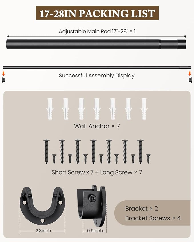 Closet Rod, 17-28 IN Closet Rods for Hanging Clothes, Black | Stepless Adjustable, Supports up to 66 lbs, Multiple Size Options, Easy Installation, Multi Purpose, Wall-Mounted