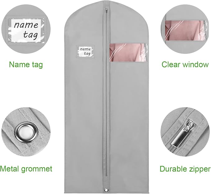 KEEGH Garment Bags for Hanging Clothes 60" (Set of 6) Dress Bags for Gowns Long Dress Bags for Closet Storage with Zipper and Eye-Hole for Folding for Suit Coats Dresses, Grey