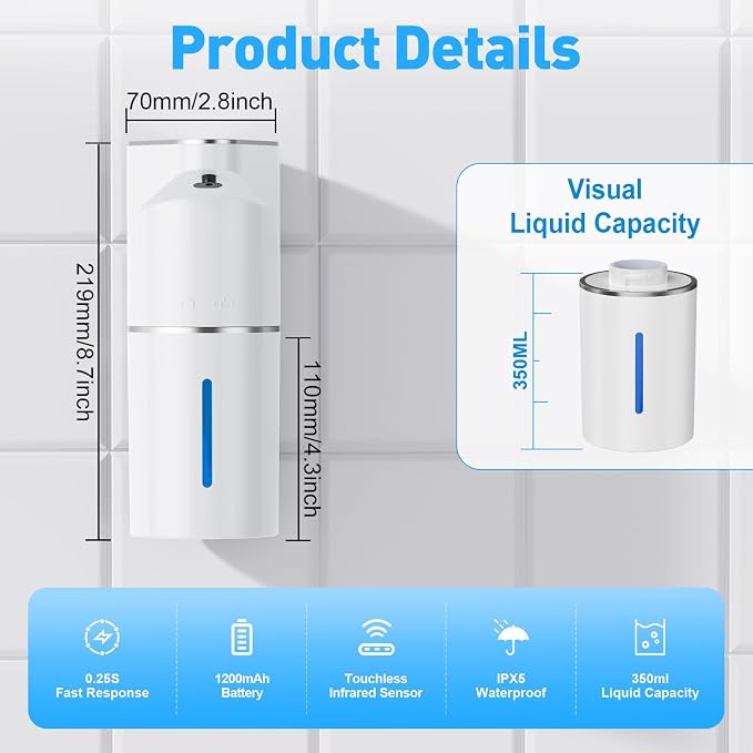 Fantictas Automatic Soap Dispenser,Touchless Hand Wall Mount Rechargeable 3 Gear Adjustable Electric Soap Dispenser 350ml with Infrared Motion Sensor for Bathroom,Kitchen,Office, White Foam