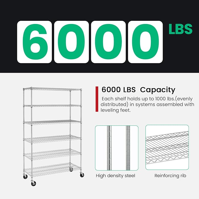 PayLessHere | 6-Tier Wire Shelf with Wheels | 48"x18"x76" | Chrome | Adjustable Racks | Heavy-Duty Storage Shelves, Holds Upto 600 lbs | Rust-Resistant, No-Tool Assembly | for Home, Garage Shelving