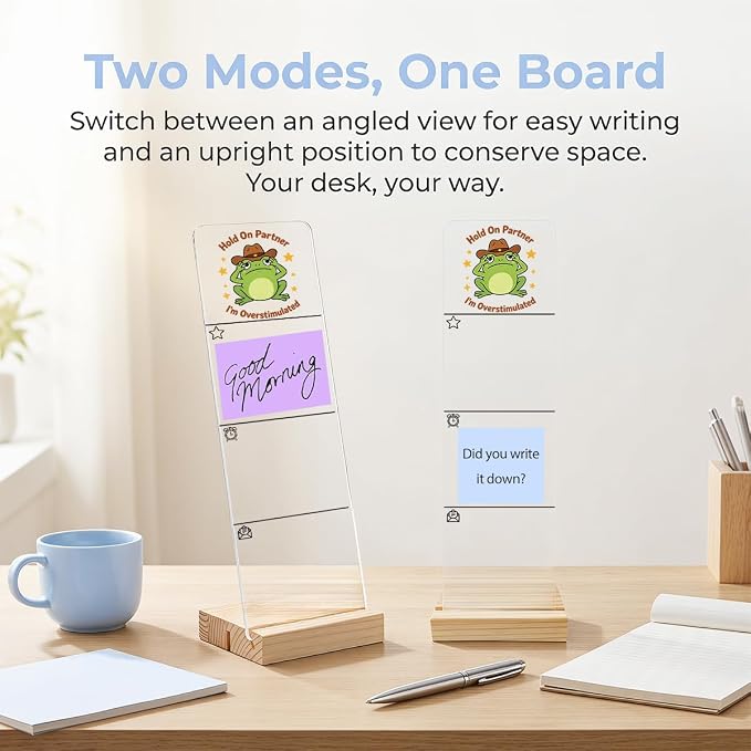 Monitor Memo Board, Sticky Note Holder, Sticky Note Board for Desk, Acrylic Desk Buddy with Wooden Base, Includes 200 Notes, Featuring Cowboy Frog Hold On Partner I’m Overstimulated Funny Quote