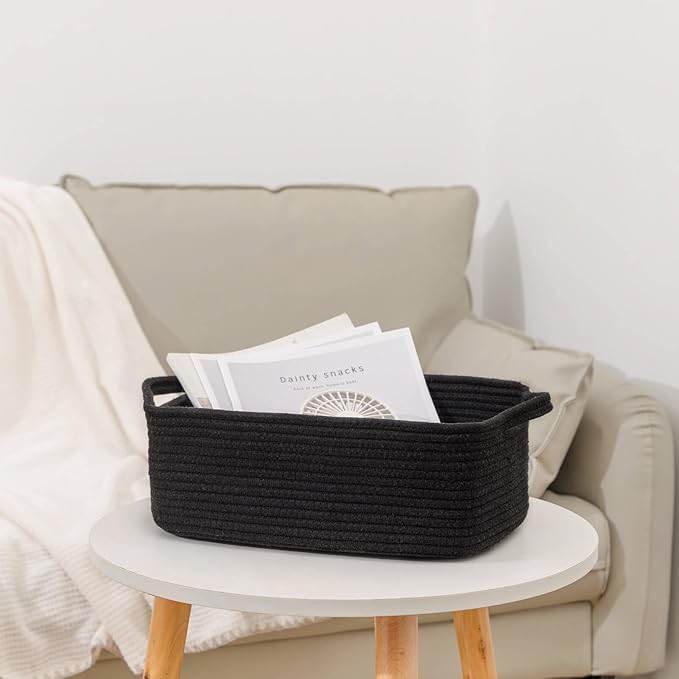 CubesLand Cube Storage Organizer Basket Bin, Cotton Rope Shelves Basket | Durable Woven Rectangular Shelf Basket for Organizing, Nursery Toys Basket, Black Basket