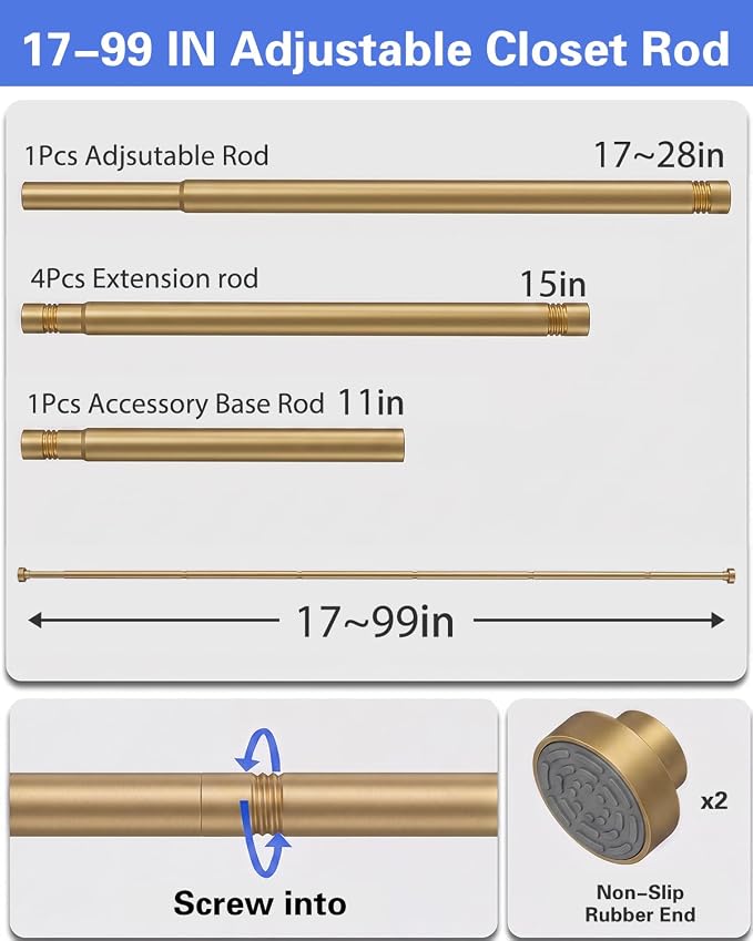Closet Rod, No Drill Tension Closet Rod for Hanging Clothes, 17-99in, Gold | Quick Tool-Free Install, Non-Slip Rubber Ends Grip Securely, Heavy-Duty Rod Supports Up To 66 lb In Closet, Laundry Rooms, RV