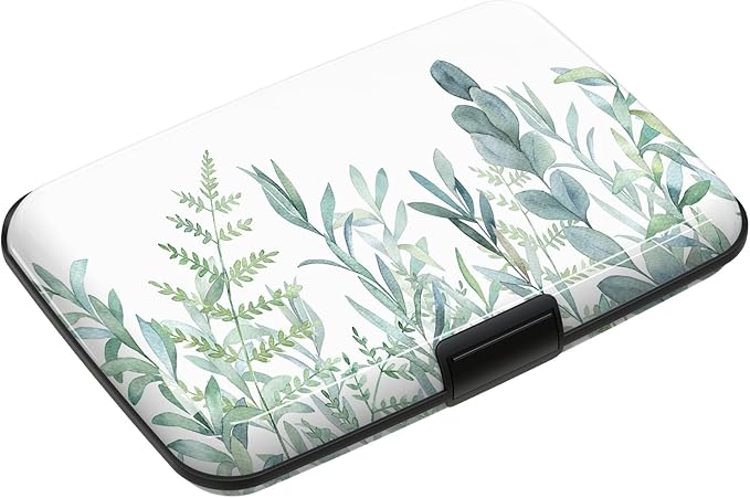 Credit Card Holder, RFID Blocking Aluminum Hard Case, Slim Mini Business Metal Wallet for Women Men, Green Plant Leaves