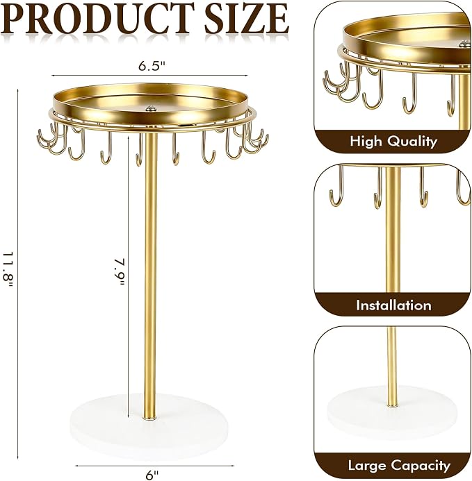 Necklace Holder Metal Jewelry Organizer Stand, Necklace Organizer Hanger with Tray & Hooks for Desk, Jewelry Holder for Necklaces Bracelets and Keychains, Elegant Home Hanging Decor - Gold