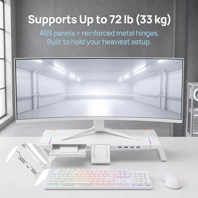 Monitor Stand Riser for Desk, Foldable Computer Monitor & Laptop Stand with Drawer, 4 USB 2.0 Ports, RGB Lighting, Phone & Tablet Holder, 72 lb Capacity (White)