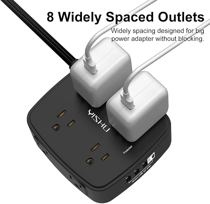 6 Ft Surge Protector Power Strip - YISHU 8 Widely Outlets with 4 USB Ports, 3 Side Outlet Extender with 6 Feet Flat Extension Cord, Ultra Flat Plug, Wall Mount, Desk USB Charging Station, ETL, Black