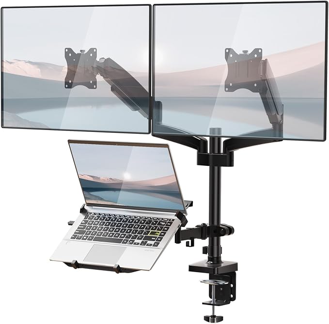 WALI Triple Arm Laptop and Dual Monitor Desk Mount for 17" Notebook and Up to 32" Screens, Adjustable Monitor Arms with Tilt Swivel Rotation, VESA 75x75 100x100, Black (GSDM003LP)