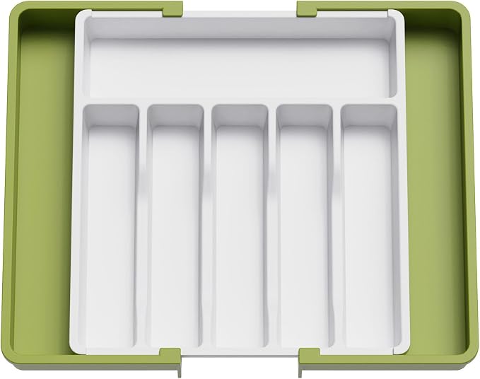 Lifewit Extra Large Silverware Drawer Organizer, Expandable Utensil Tray for Kitchen, BPA Free Flatware Cutlery Holder, Adjustable Plastic Storage for Spoons Forks Knives, 13-22 x 15, Green&White