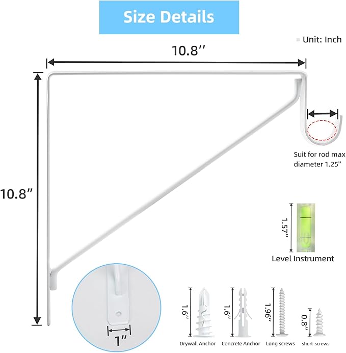 4-Pack Closet Rod Bracket, 10.8x10.8Inch Closet Shelf Brackets Heavy Duty Wall Mounted, Matte White Steel Closet Rod Support Brackets Holder, 300 Lbs Load Capacity with Anchors Screws