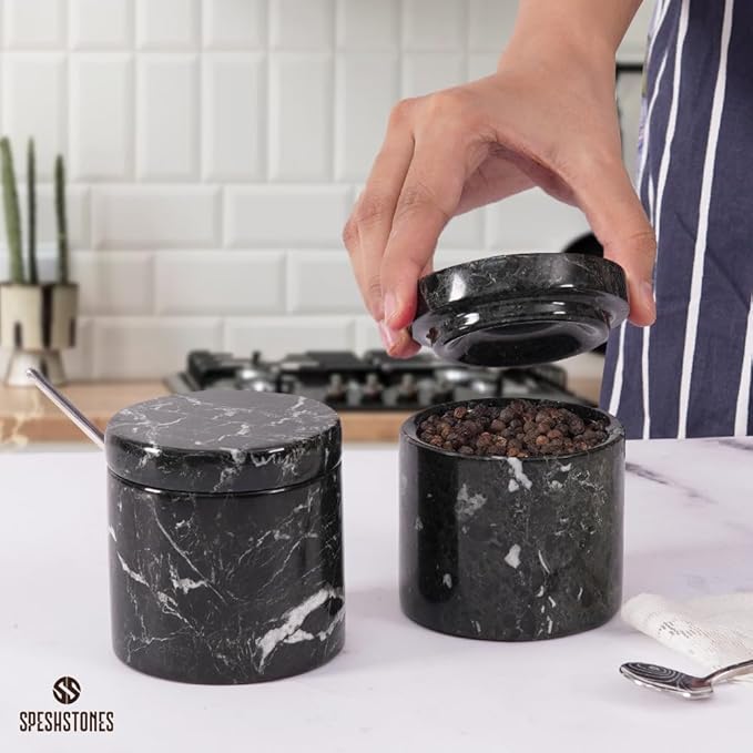 Marble Salt Cellar 3 Inch Black Salt Shakers Set for Kitchen, Salt Containers for Countertop, Sugar Bowl With Lid, Salt Holder, Spice Jars for Seasoning Storage, Salt Box