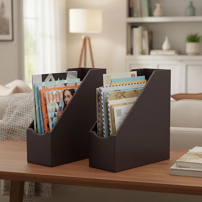 UnionBasic Magazine File Holder - Office Leatherette Desktop Document File Folder Journals Organizer Racks, Coffee, 1-piece
