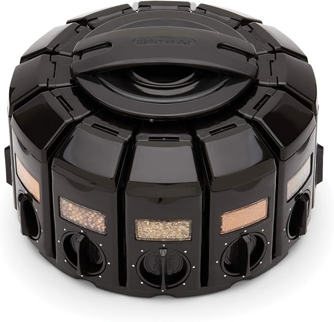 Kitchen Art Spice Rack Select-A-Spice Auto-Measure Carousel 12 Compartments Black 8.75 x 8.75 x 6 inches | 12 Spice Canisters | 55 Labels Included | Revolving Spice Rack | Each Jar Dispenses 1/4 Teaspoon With Each Twist | Mountable