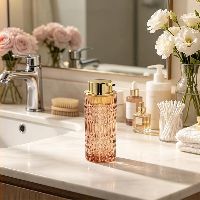 Foam Soap Dispenser, Brown Glass Foaming Soap Dispenser with Pump, 14 Oz Bathroom Refillable Liquid Lotion Pump Bottle Container for Kitchen Countertop Decor