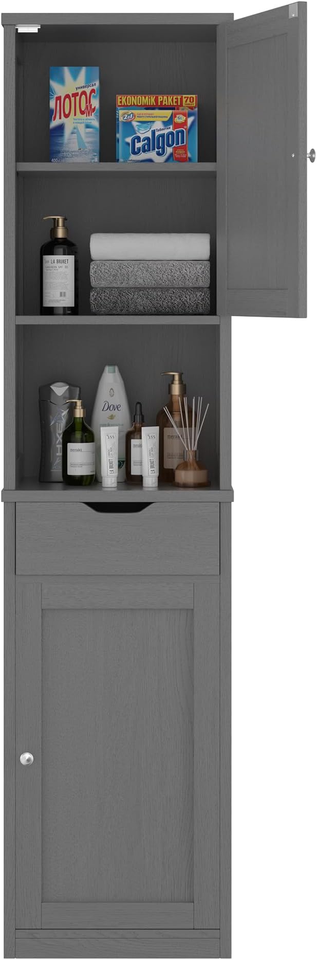 Walsunny Tall Bathroom Storage Cabinet with Freestanding Adjustable Shelves, Narrow Storage Linen Cabinet with 2 Doors and 1 Drawer for Bathroom, Living Room, Kitchen, Gray