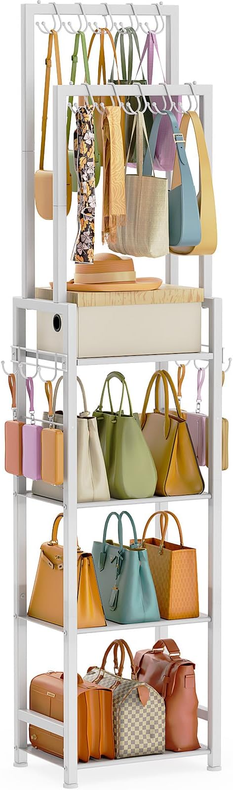 Tall Purse Organizer for Closet: 4-Tier Double Rods Purse Rack Stand,White | With 10 Purse Hanger & 6 Side Hooks, Visible Backpack Handbag Storage, Space-Saving Narrow Purse Shelf for Small Space, Home