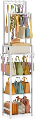 Tall Purse Organizer for Closet: 4-Tier Double Rods Purse Rack Stand,White | With 10 Purse Hanger & 6 Side Hooks, Visible Backpack Handbag Storage, Space-Saving Narrow Purse Shelf for Small Space, Home