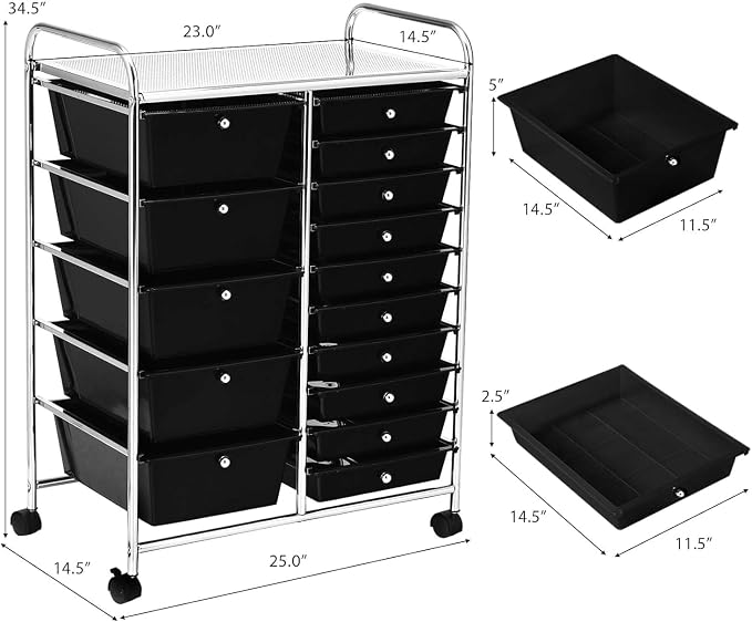 LUARANE Rolling Cart with 15 Drawers, Craft Storage Cart with Portable Handles & Lockable Wheels, Mobile Toys Organizer, Large Capacity Utility Drawer Cart Home Office School Teacher (Black)
