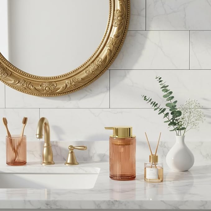 Foaming Soap Dispenser, 12 Oz Brown Glass Foam Soap Dispenser, Refillable Foam Pump Bottle Container Decorative Slim Ribbed Bottle for Bathroom and Kitchen Countertop
