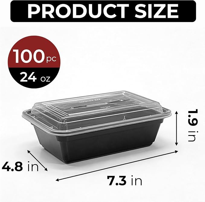 100 Pack (200-Piece) 24 oz Meal Prep Containers Reusable Food Storage Containers with Lids, Sturdy Leakproof To Go Plastic Takeout Containers for Microwave, Freezer, Dishwasher Safe