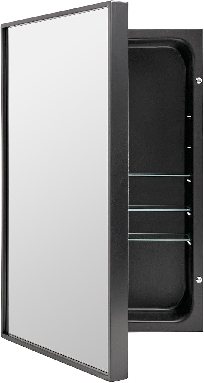Head West Brushed Black Recessed Medicine Cabinet Mirror 16" x 26", Bathroom Wall Mount Storage Organizer with Glass Shelves