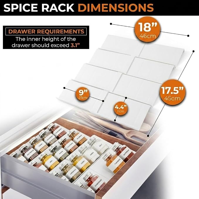 ALCOVA Expandable Spice Drawer Organizer 9-18" White (Jars Not Included) | Expandable Spice Drawer Organizer, Spice Rack, Seasoning Organizer