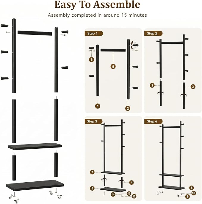 Solid Wood Coat Rack Freestanding Clothing Rack with Wheels & 2 Shelves Storage & 5 Hooks Heavy Duty Clothes Rack Wood Coat Tree Stand Hat Hanger Rack for Corner Bedroom Entryway Living Room Hotel