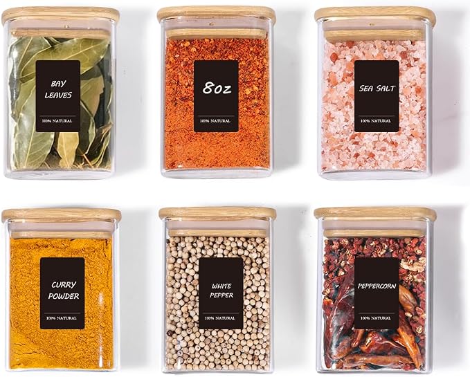 ComSaf Spice Jars 8oz Set of 6, Small Seasoning Containers with 9 Labels | Glass Spice Jars With Labels, Rectangle Small Jar, Spice Rack Organization, Loose Tea, Herbs, Powders, Dry Goods, BPA Free