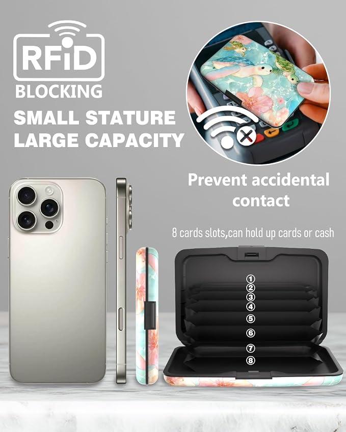 Maicican Credit Card Holder, Mini RFID Blocking Aluminum Wallet | Slim Metal Hard Case Travel Wallet ID Case for Women and Men, 4.3 x 2.9 Inches, Flowers and Turtle