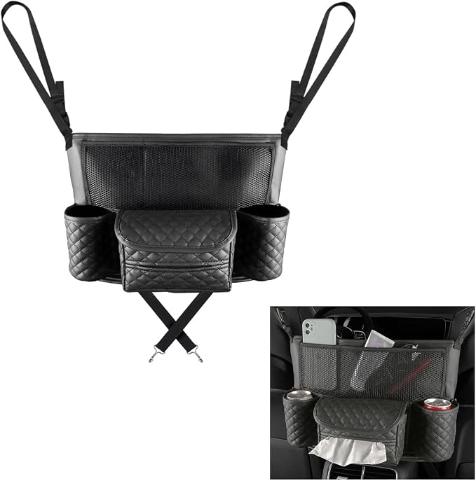 DXNQ Car Purse Holder Between Seats, Luxury Leather Front Seat Back Handbag Organizer with Tissue Box Cup Holders, Auto Large Capacity Multi Pocket Purse Holder Hanging Storage Bag (Black)
