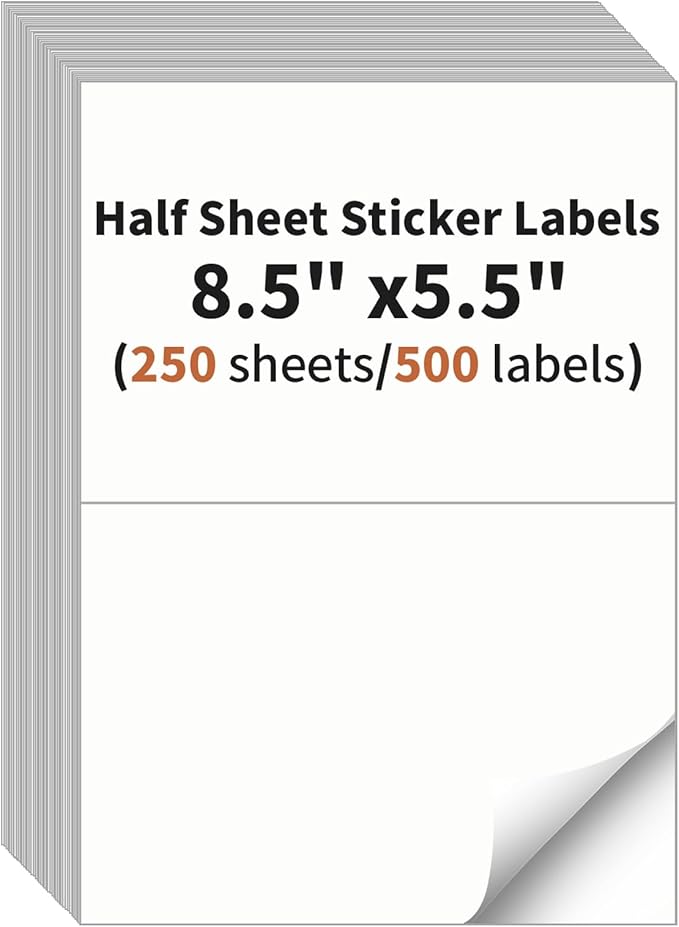Half Sheet Labels, 2 per Sheet, 250 Sheets, 500 Labels, 8.5" x 5.5" Shipping Labels Paper, Address Sticker Laser & Inkjet Printer Label Stickers, 5 1/2" x 8 1/2" Half Sheet Labels