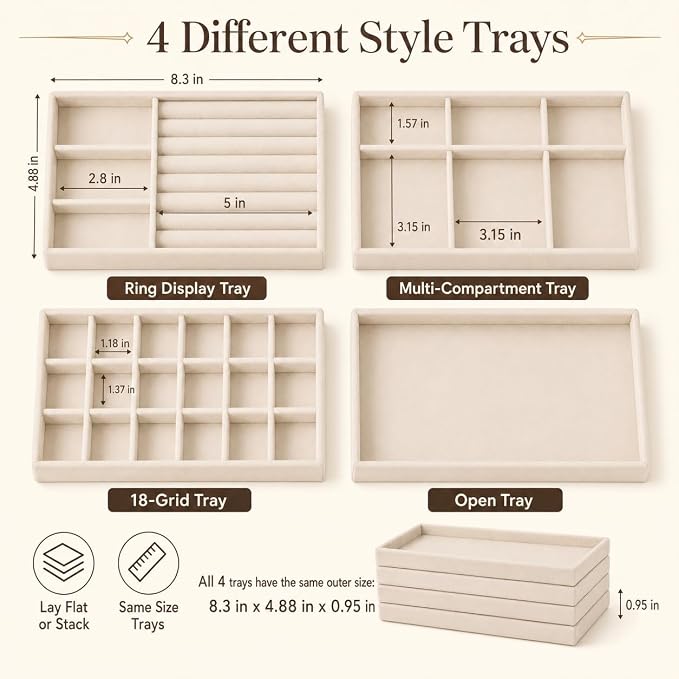 4 Pack Stackable Jewelry Organizer Tray Set - Velvet Display Case | for Rings Earrings Necklaces, for Drawer Organization, Can Stacked