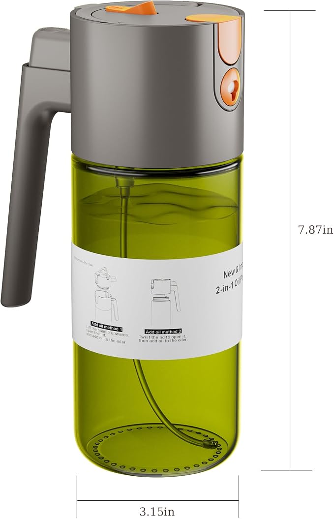 LAKUMIQI 2 in 1 Oil Sprayer & Dispenser, 17 oz Light-Blocking Glass Bottle | Large Capacity, Wide-Mouth for Easy Pouring and Cleaning, Leak-Proof Oil Bottle with Stickers for Salads, Air Fryers, BBQ