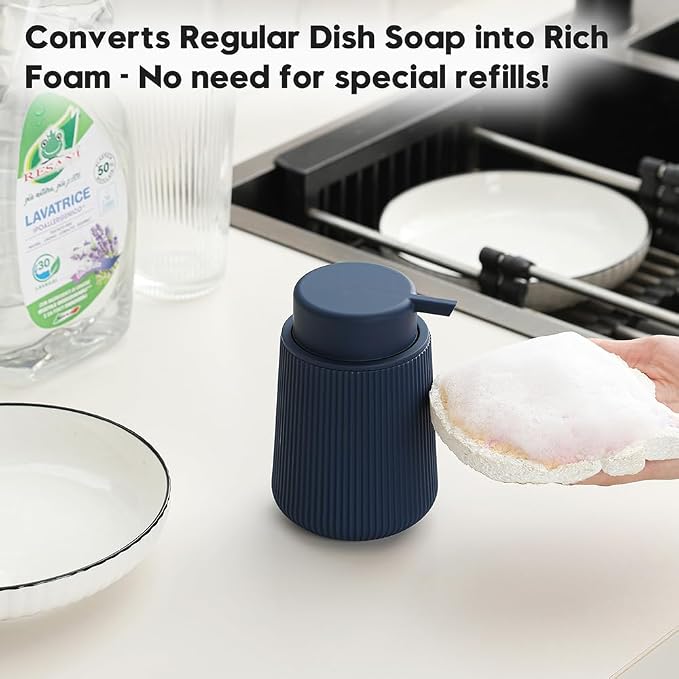 YAUKPH Striped Foaming Hand Soap Dispenser with Leak-Proof Pump for Bathroom and Kitchen Countertop 11oz Navy Blue