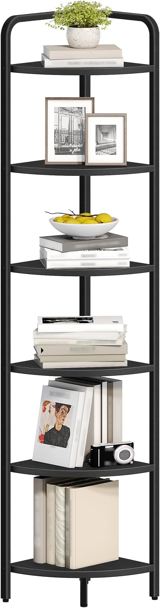 Hzuaneri Corner Shelf Stand Corner Bookshelf Standing Shelf Plant Shelf | Corner Display Rack with Metal Frame for Living Room, Bathroom, Kitchen, Industrial Style, 6 Tier Rustic Brown CS06604B