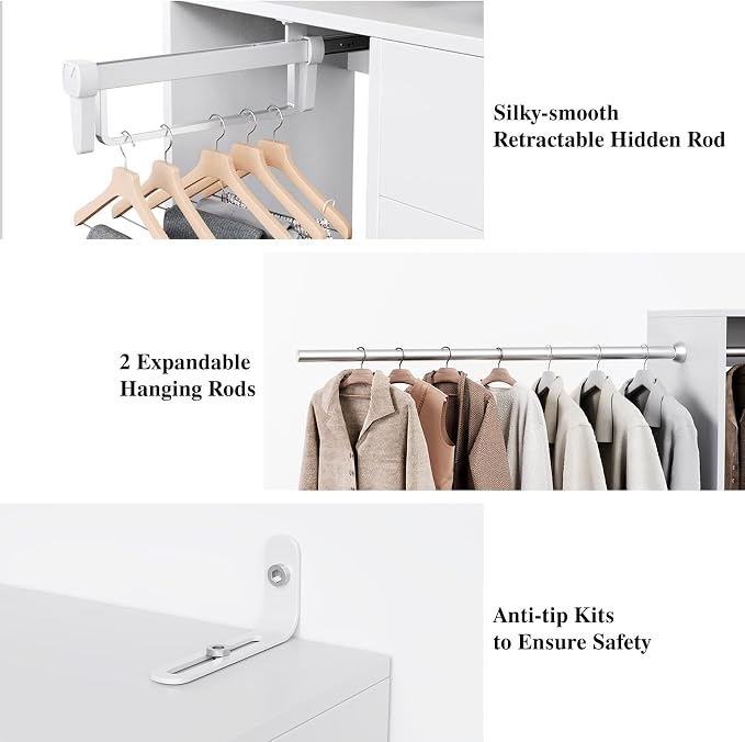 39.4"-118" Extra Wide Closet System with 2 Expandable Rods, Walk-in Closet Organizer with 2 Drawers and Retractable Hidden Rod, Modern Wood Built-in Closet Kit for Long Coats & Dresses, White