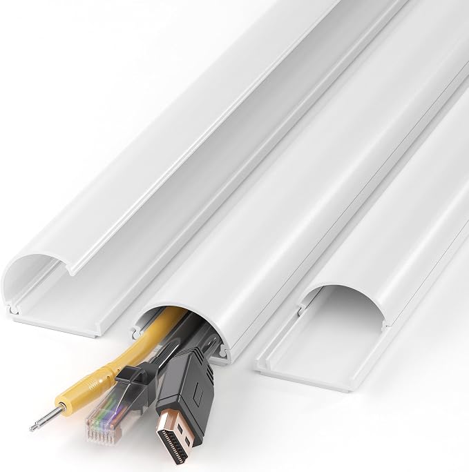 ZhiYo 42.5in Cord Hider for 2-4 Wall-Mounted TV Wires, 1.4"W x 0.7"H, White | Split-Hinge Design for Easy Installation, Half-Round Glazed Finish Ideal for Wall/Baseboard, Self-Adhesive, 3Pack(14.2" Each)