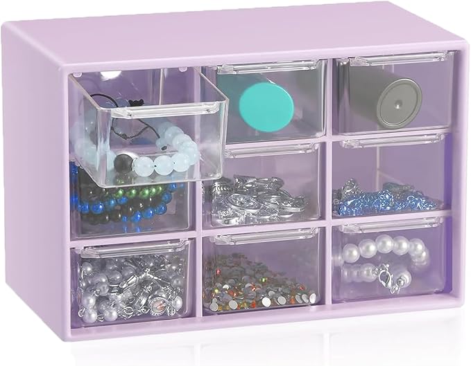 6 Pcs Small Drawer Organizer for Desk, Mini Desktop Drawer Organizer with 9 Clear Drawers, Plastic Desktop Craft Storage Box for Desk Office School Home 7.1" x 3. 8" x 4.6" (Purple)