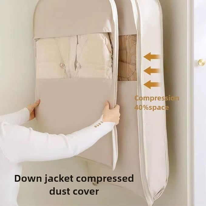 3PCS Space Saving Hanging Garment Bag with Self Compression Zipper, Compression Space Saver Closet Storage Organizers, Dust Cover Clothes Bags for Down Coat (Beige,Medium)